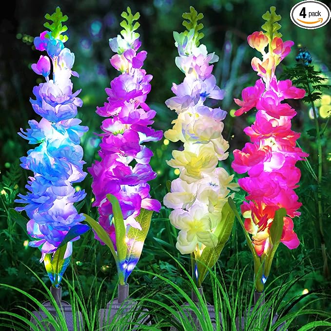 MRHEPHAESTUS Solar Garden Lights, Solar Delphinium Flowers Lights 4 Pack 80 LEDs, Waterproof Outdoor Light Two Lighting Modes for Outside Wedding Party Garden Yard Patio Lawn Decor