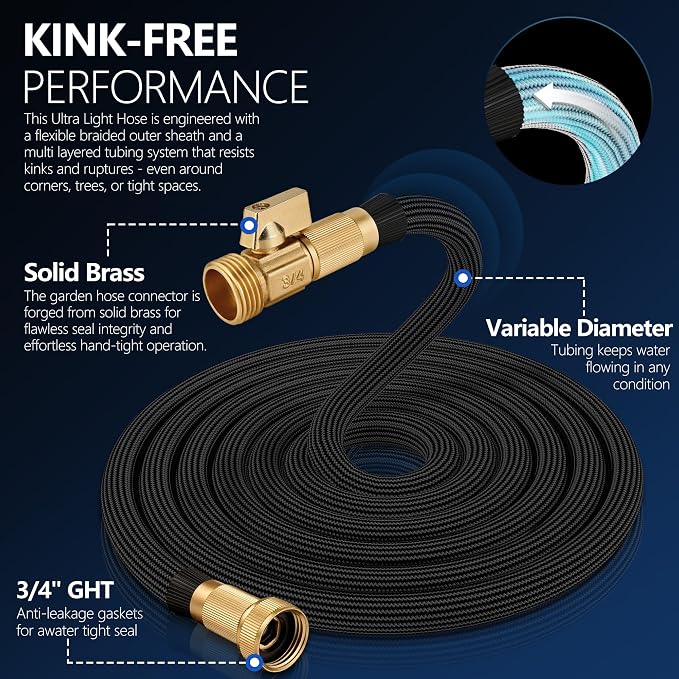 Flexible Garden Hose 25 FT, Ultra Lightweight Water Hoses 25FT w/10 Function Sprayer and 3/4" Brass Fittings, Kink-Free, Sturdy, Abrasion Resistant for Yard, Lawn, Outdoor and Gardening(Black)
