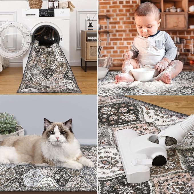 ROYHOME Machine Washable Rug Moroccan Trellis Distressed Area Rugs 4' x 6' | Stain Resistant Non-Slip Floor Cover Vintage Medallion Accent Rug Farmhouse Dining Table Carpet for Bedroom, Grey/Taupe
