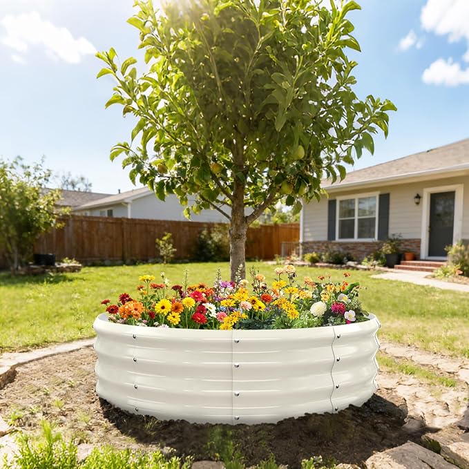 YSEJOMP 4FT Diameter Galvanized Garden Raised Bed/Plant Box/Fire Pit Ring - 0.8mm Thick,12 Inch Tall,Perfect for Planting a Variety of Flowers,Herbs,Vegetables (Cream White, 48 Dia X 12inches)