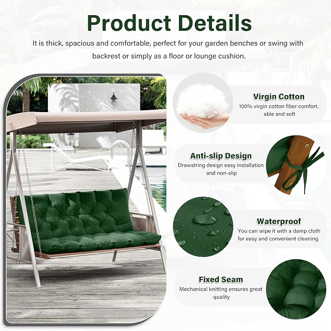 Porch Swing Cushion with Backrest,Waterproof Bench Cushion for Outdoor Furniture,2-3 Seater Replacement Thickened 5 in swing cushion,with Ties,Patio,Outdoor,Backyard and Garden (Green,60x40 in)