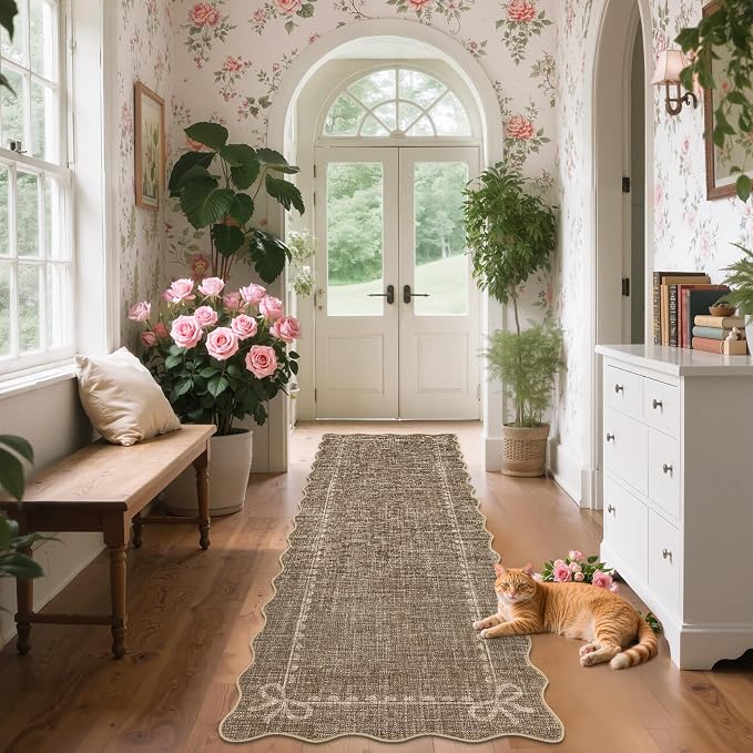 GarveeHome Scalloped Hallway Runner Rug 2.5x10 Non Slip Bedroom Rugs, Brown | Washable Bow Rug for Girls Dorm Nursery Living Room Entyrway Kitchen, Soft Low Pile Ultra-Thin Stain Resistant Indoor Carpet