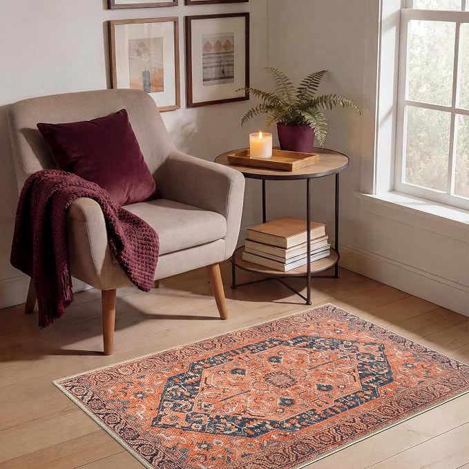 Keen Home Design Vintage Washable Entryway Rug, Non-Slip Low Pile, 2x3 | Machine Washable Cotton Chenille, 0.25In Low Pile, Rubber Non-Slip Back; Kitchen, Entryway, Bathroom, Bedside