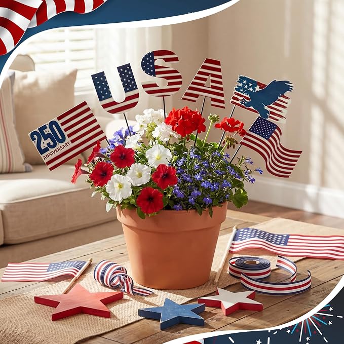 Pickmesh 6 Pcs 12" H 250th Anniversary Outdoor Decor 4th of July Patriotic Eagle Metal Yard Sign Red White Blue USA Flag Garden Stake American Yard Sign for Independence Day Decoration