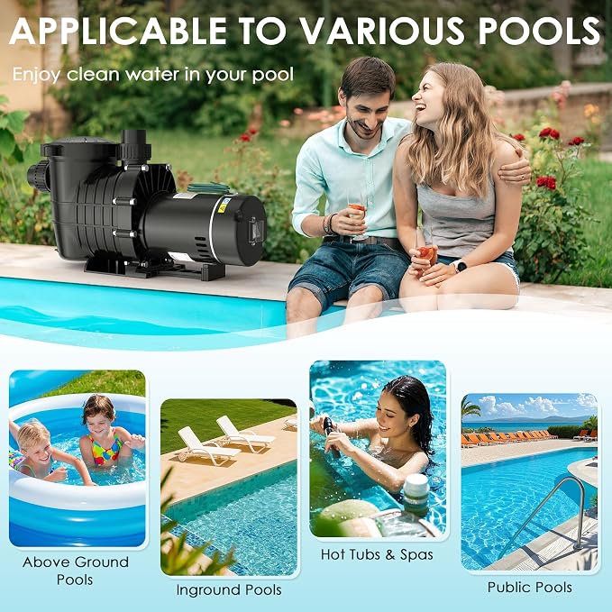 Seeutek 2HP Pool Pump for Above/In Ground Pools, 115V/230V 6840GPH | High Flow Energy Efficient Pure Copper Motor, 1.5", 2", and 1.25"-1.5" Connectors, Strainer Basket & Drain Plug, Self Priming