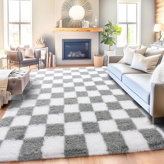 Checkered Rugs for Bedroom, 4x6 White and Grey Ultra Fluffy Fuzzy Shag Area Rug for Living Room, Modern Plush Soft Upgrade Non-Slip Carpet for Kids Girls and Boys Room Dorm Nursery Home Decor