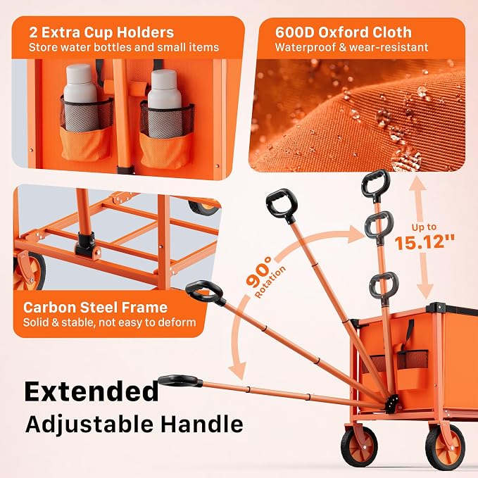 29.3" Collapsible Wagon Cart, 150L Heavy Duty Folding Utility Wagon with Wheels, 260 lbs Load, Portable Rolling Cart for Garden, Shopping, Sports, Camping, Orange
