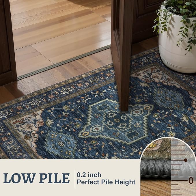Tangsoo Dark Blue 2.6x8 Washable Runner Rug for Hallways, Non Slip Runner | Oriental Soft Low Pile Long Rug Runner, Vintage Boho Print Carpet Runners for Kitchen Bedroom Entryway Bathroom Living Room
