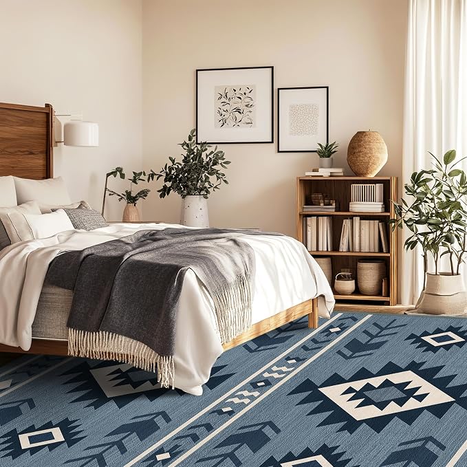 8x10 Area Rug for Living Room Western Rug Southwestern Aztec Tribal Rugs Southwest Navajo Machine Washable Non-Slip Printed Low-Pile Floor Carpet for Bedroom Dining Room Office, Blue