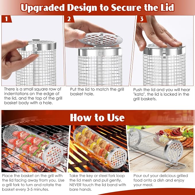 Grill Baskets for Outdoor Grill- 2 PCS, Rolling Grilling Basket, Stainless Steel BBQ Grill Mesh Grilling Accessories for Fish, Shrimp, Meat, Veggies, Fries, Grilling Gift for Men Dad Husband