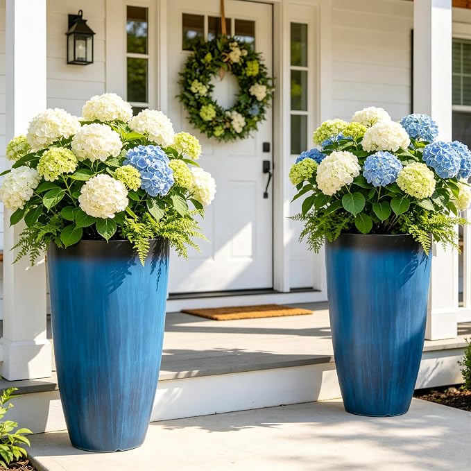 Autodaya 23.8" Tall Planters Set of 2, Large Plastic Plant Pots with Artistic Floating Cobalt Blue Glaze, UV-Resistant Lightweight PP Flower Pots for Outdoor Indoor Plants, Garden, Patio, Deck, Porch