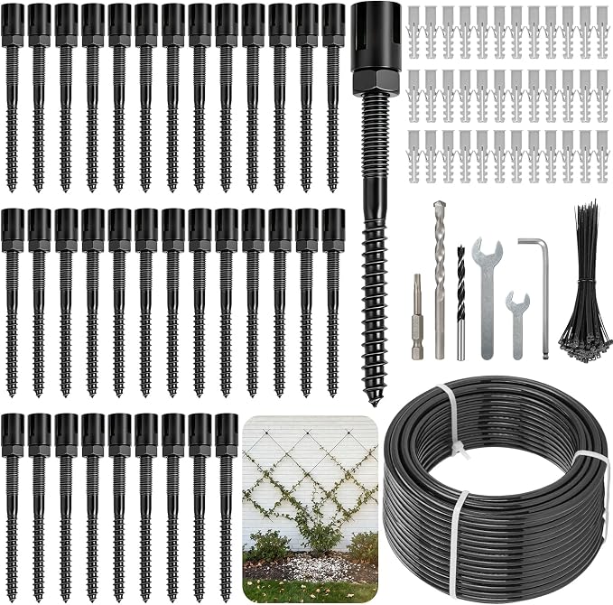 TooTaci Wire Trellis for Climbing Plants Outdoor, 36 Set Black Wall Wire Trellis Kit with 196ft 1/8 Vinyl Coated Cable, Modern Minimalist Support System for Wall, Fence, DIY Plant Training