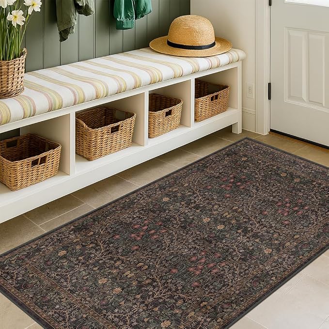 Washable 3x6 Runner Rug for Entryway, Dark Brown Boho Large Kitchen Rug, Home Office Floor Rug, Non-Slip Stain & Fade Resistant, Vintage Dark Taupe Floral Entryway Décor