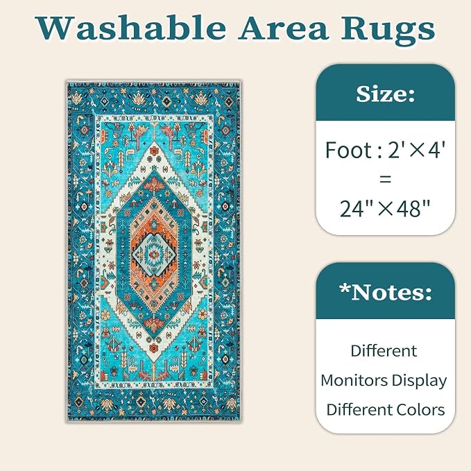 SERISSA 2x4 Washable Non Slip Boho Runner Rug for Entryway，Blue | Ultra Soft Vintage Oriental Carpet Low-Pile Tribal Entrance Carpet for Kitchen Bedroom Hallway Laundry Room Bathroom
