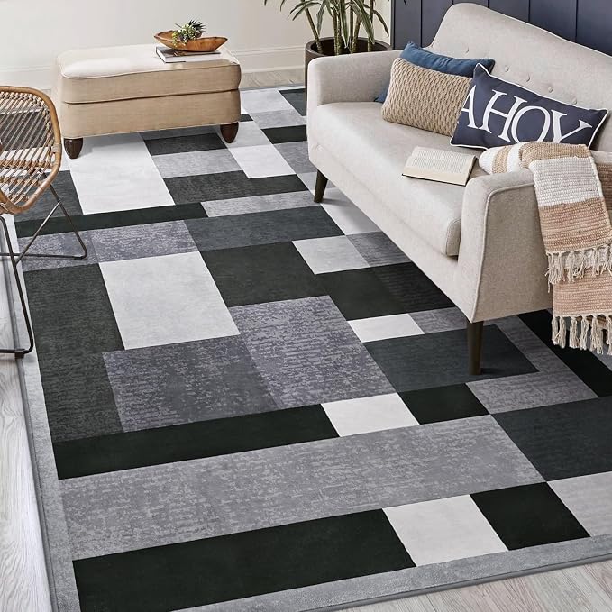 TWINNIS Indoor Modern Area Rug, 5x8 Geometric Patchwork Style Washable Large Rugs for Living Room Bedroom Hardwood Floors, Non Shedding Non Anti Backing Soft Carpet Home Floor Decor, Black