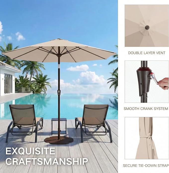 Kingdura 10FT Outdoor Patio Umbrella, Round Market Table Umbrella with Push‑Button Tilt and Crank Lift, 8 Sturdy Metal Ribs, UV50+ Protection Canopy for Backyard, Lawn, Deck, Poolside, Garden (Beige)