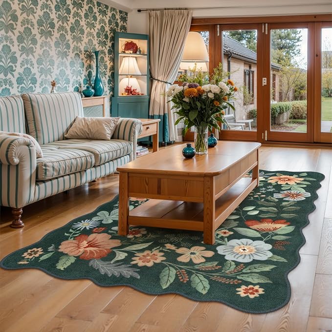 Lahome Floral Washable Rug- 4x6 Green Rugs for Bedroom Girls Classroom | Scalloped Ultra-Thin Soft Living Room Non-Slip Stain Resistant Boho Throw Rug for Nursery Office Flore, Dark, Green