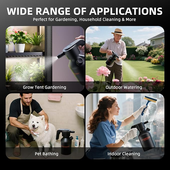 Spider Farmer 0.5 Gallon Electric Spray Bottle, 2500mAh Battery Powered Sprayer, Automatic Plant Mister with Adjustable Nozzle & Measuring Cup, Type-C Rechargeable for Indoor Outdoor Gardening