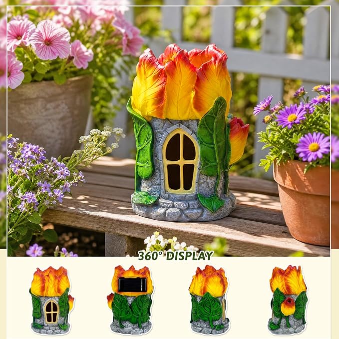 Fairy Garden House with Solar Light,Outdoor Figurine Lights Garden Statues,Yard Decorations Outdoor Fairy Garden Accessories,Decor Gifts for Mom Women (Tulip)