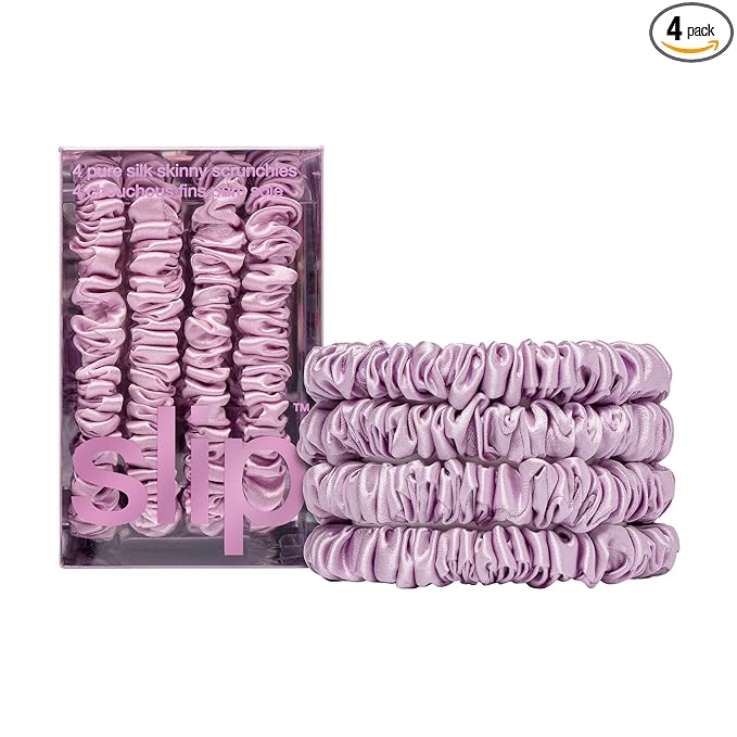 Slip Silk Hair Ties — Skinny Silk Wildflower Scrunchies, No Damage, No Crease, Anti-Breakage |100% Mulberry Silk | All Hair Types | Made with Proprietary Slipsilk™ | Set of 4