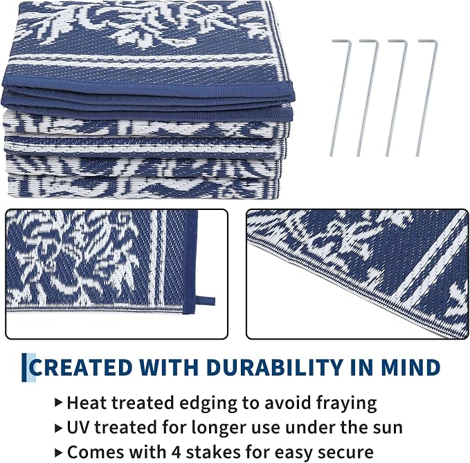 Garvee Outdoor Rugs 9x12 Waterproof Reversible Mat Boho Leaf Patio Rug with 4 Stakes and Starage Bag, Large Outdoor RV Mat Rugs for Camping, Picnic, Balcony, Deck, Backyard, Navy Blue & White