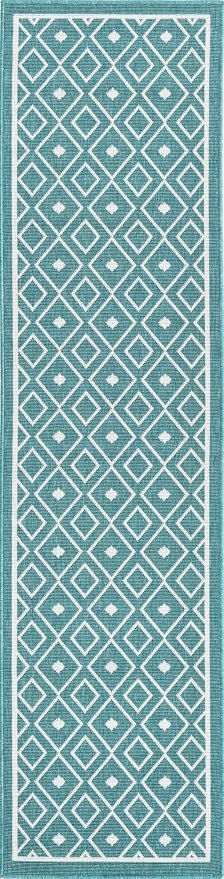Unique Loom Outdoor Trellis Collection Area Rug - Kafes (2'x 8' Runner, Teal/ Ivory)