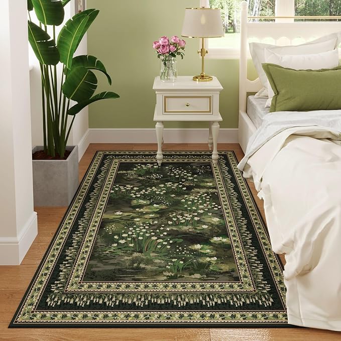 Rugcomf 3x5 Washable Rug Impressionist-Style Vintage Non Slip Low Pile Small Carpet for Bedroom Bedside Kitchen Entryway Kids Room Office College Dorm Essentials for Girls, Green