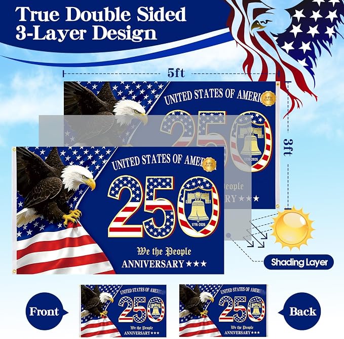 250th Anniversary Flag 3x5 FT Double Sided, 3-Layer Heavy Duty USA Semiquincentennial 1776-2026 Flag, Patriotic United States Flags for Outside, Home Yard Decor (Eagle & Bell)