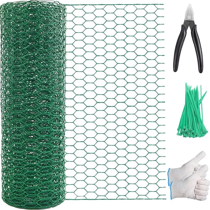 Chicken Wire 15.7in x 118in with a Pair of Gloves，1 Wire Cutter，50 Pcs Cable Zip Ties, Floral Chicken Wire Mesh 0.8in Hexagonal Galvanized PVC Coated Garden Netting Fence for Craft Poultry Garden