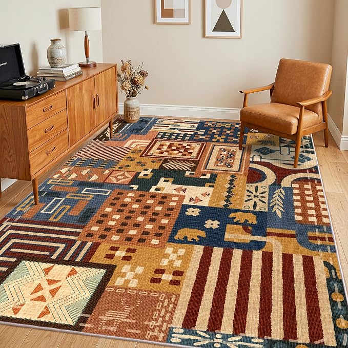 5x7 Living Room Area Rug, Washable Navy Rust Animal Patchwork Design | Soft Faux Wool Low-Pile Rug with Non-Slip TPR Backing for Living Room, Bedroom, Dining Area and Home Office