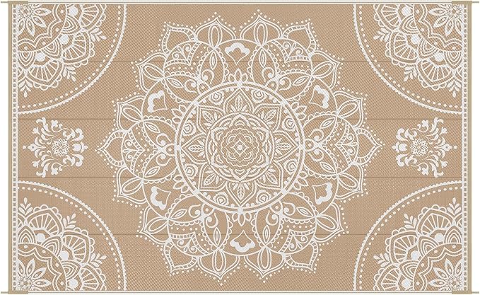 Pauwer Waterproof Outdoor Rug 5x8, Reversible Plastic Straw Patio Camping Rug, Indoor Outdoor RV Mat Carpet for Deck, Camper, Porch, Balcony, Backyard, Picnic, Floral Brown