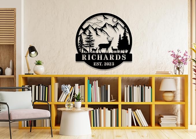 Personalized Mountain Family Name Sign, Custom Metal Wall Decor with Deer Wildlife Design & Established Year, Last Name Monogram Sign for Home, Rustic Farmhouse Cabin Outdoor Garden Decor, Porch Yard Patio Wall Art, Wedding Housewarming Gift