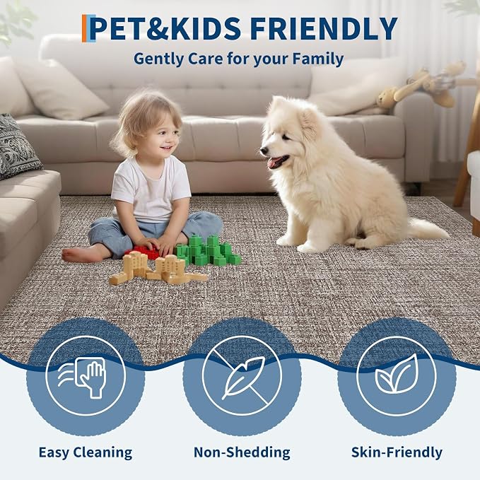 Garvee Solid Washable Rugs 5x7 Area Rugs for Living Room Bedroom Brown | Soft Non Slip Rugs for Bedroom, Low Pile Neutral Rug, Stain Resistant Foldable Carpet for Playroom Dorm, Farmhouse Rugs