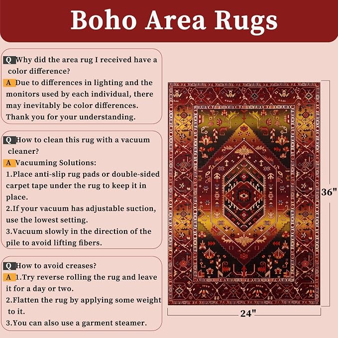 SERISSA 2x3 Washable Non Slip Boho Small Area Rug for Entryway | Ultra Soft Vintage Oriental Carpet Low-Pile Rustic Red Gold Indoor Mat for Bedroom Kitchen Bathroom Entrance Floor