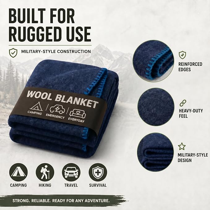Wool Camping Blanket – 70% Wool Heavy-Duty Military Style Throw, Warm & Washable, Fire Retardant Cover for Emergency, Survival & Outdoor Use – Perfect for Camping, Car, Home & Hiking, Navy 62x84