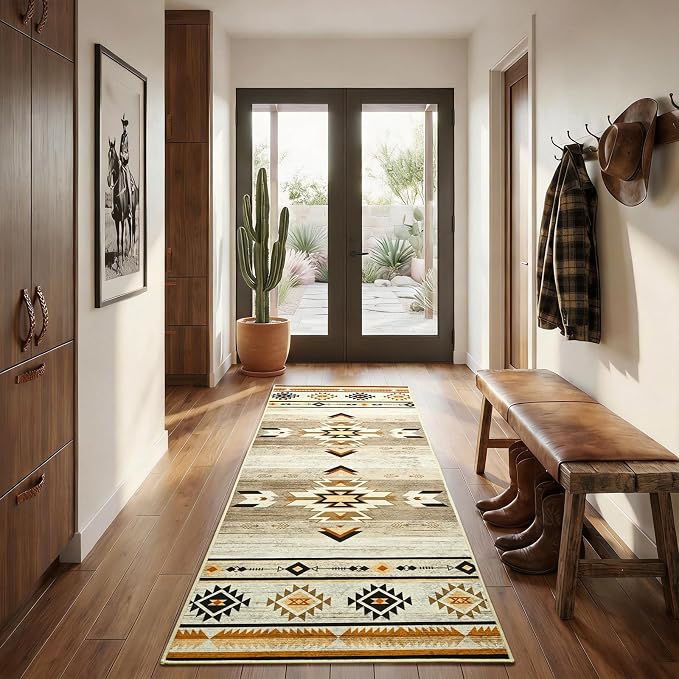 BENRON Western Hallway Runner Rug 2x6, Long Runners for Kitchen,Beige Brown | Southwest aztec Rug, Accent and Tribal Throw Rugs for Bedroom, Washable