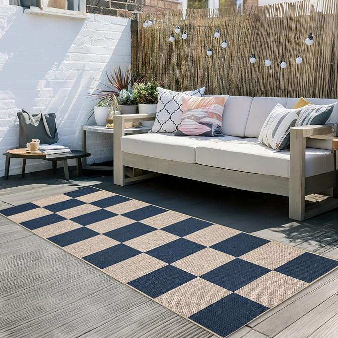 GarveeHome Checkered Easy Jute Runner Rug 2x6 Non-Slip Machine Washable Stain Resistant Indoor Outdoor Rugs for Living Room, Bedroom, Kitchen, Dining, Patio - Farmhouse Style Navy Blue