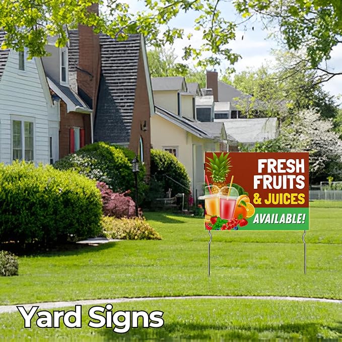Fresh Fruits & Juices Available! Yard Sign by DC | 24"x18" Double Sided Conv. Store Garden Sign with 13” Metal Stakes | Outdoor Signs Waterproof for Lawn, Patio, Sidewalk & House | Set of 5