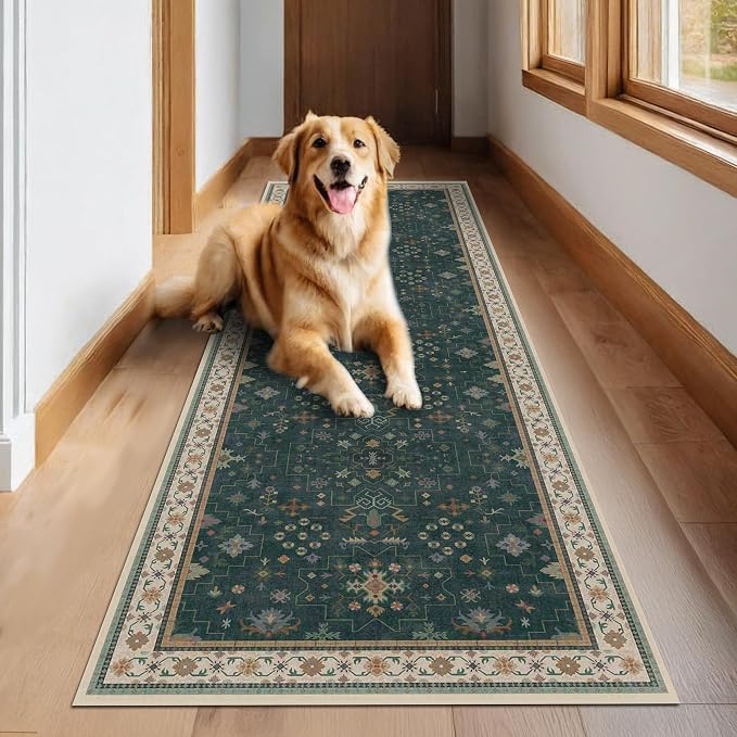 Dark Green Washable 2'6"x10' Long Runner Rugs for Hallway, Non Skid 10ft Indoor Rugs for Entryway, Stain Resistant Low Pile Carpet Boho Indoor Décor