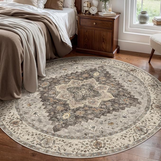 Tangsoo Washable Round Area Rugs 5ft, Vintage Non Slip Circle Rug Low Pile | Farmhouse Soft Circular Rugs, Oriental Round Carpet for Living Room Bedroom Dining Room Nursery Office Grey Home Decor