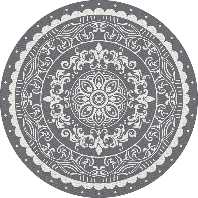 Pauwer Waterproof Outdoor Rug 8ft, Reversible Plastic Straw Patio Camping Rug, Indoor Outdoor RV Mat Carpet for Deck, Camper, Porch, Balcony, Backyard, Picnic, Paisley Grey