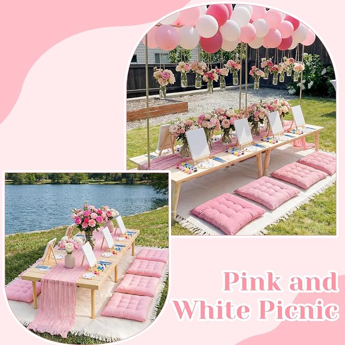 18 Pcs Picnic Paint Party Kit 118'' x 71'' Extra Large Outdoor Boho Blanket with Painting Kit Pink Floor Pillow Cushions and Cheesecloth Table Runner for Painting Party