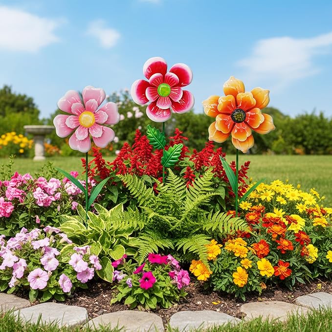3pcs Flowers Yard Wind Spinners Outdoor Decoration Stakes Lawn Ornaments | WEIBEFEE; Lawn Decorations Garden Stakes, Metal Outside Decorations for Metal Yard Art Flower Garden Decor, Spring Mom Gifts