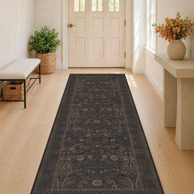 Washable Hallway Runner Rug 2'6"x8' - Floral Thin Entryway Rugs Indoor Non Slip, Traditional Botanical & Sunflower Kitchen Floor Mats (Brown and Black)
