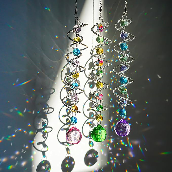 Set of 3 Crystal Suncatcher Spiral Wind Spinner Gazing Ball Decor | Crystal Suncatcher Rainbow Maker with Spiral Tail Hanging for Outdoor Garden Patio Porch Christmas Window Decor