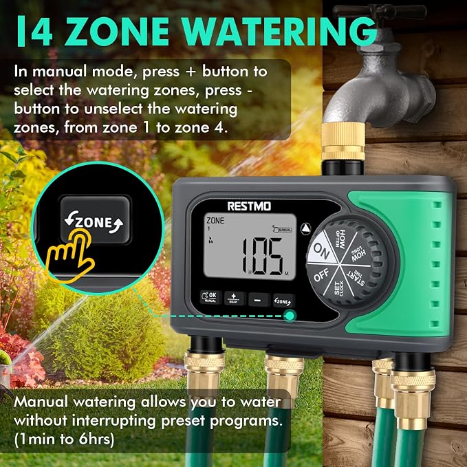 RESTMO 4-Zone Sprinkler Timer, Brass Inlet Programmable Water Timer for Garden Hose, Automatic Digital Irrigation with Manual ON/Off & Rain Delay for Lawn, Drip System & Outdoor Faucet