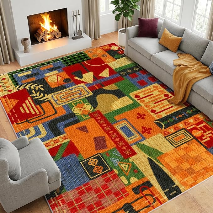 Geometric 9x12 Area Rugs for Living Room, Burnt Orange Tribal Patchwork Rug | Non Slip Indoor Carpet for Bedroom Dining Room Office Home Decor| Southwestern Rustic Rug| Abstract Soft Low Pile Large Rug