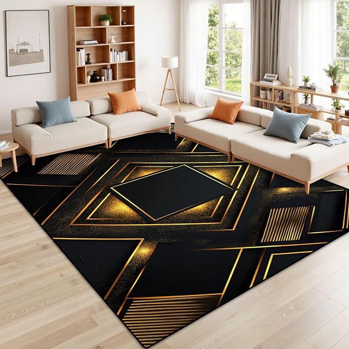 9x12 Area Rugs for Living Room Black Gold Geometric Stripe Decorative Repeated Patterns Radiating Washable Large Area Rug for Bedroom Non Slip Outdoor Carpets Soft Mats Kitchen Home Office Decor