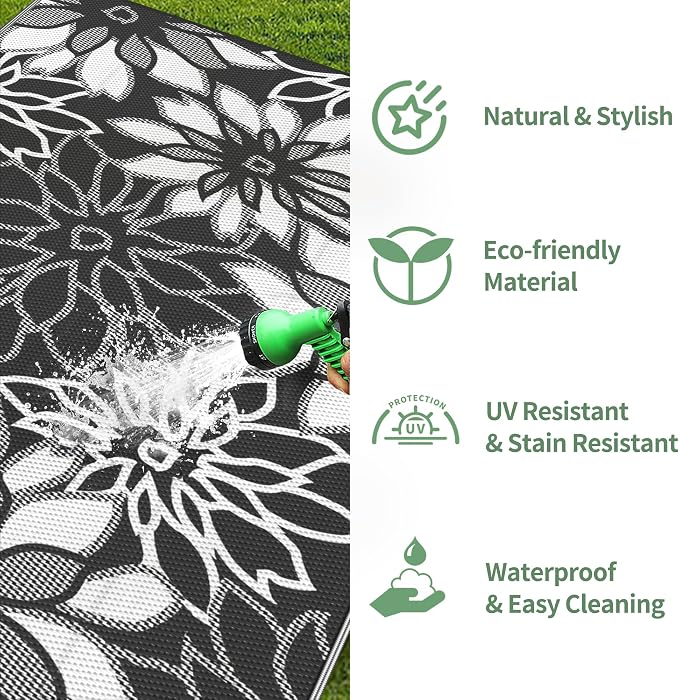 GENIMO Outdoor Rug Waterproof for Patio Decor, 6' x 9' Reversible Plastic Straw Floral Camping Carpet, Large Area Rugs Mats for RV, Camper, Deck, Balcony, Porch, Beach, Picnic, Black & White