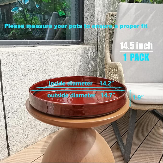 Ceramic Plant Saucer 14.5 Inch, Round Plant Trays for Indoors/Outdoors, Flower Pot Saucers for Holding Water Drips and Soil, Drainage Tray for Plant Pot, Reactive Glaze Brown